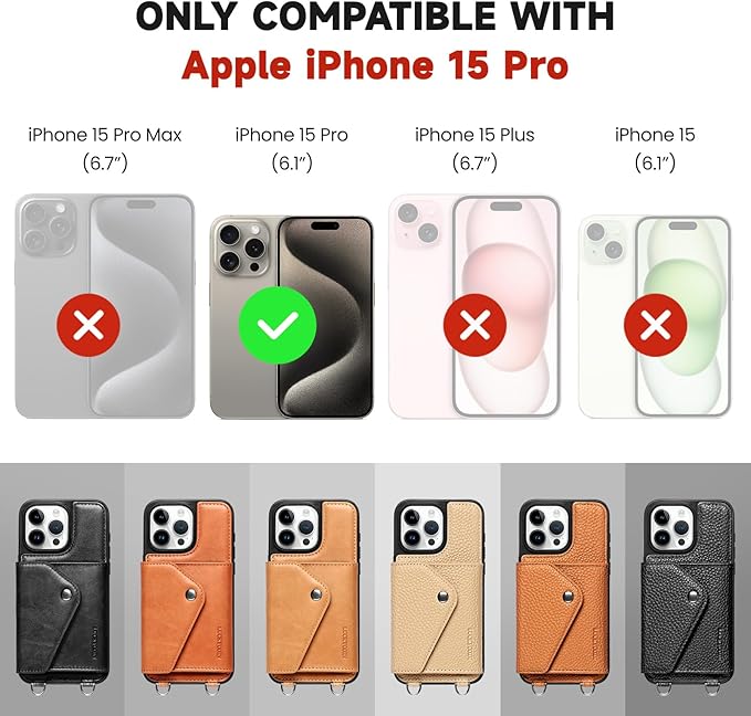 LUCKYCOIN Crossbody Wallet Phone Case for iPhone 15 Pro,100% Genuine Leather Wallet Phone Case with Expandable Flip Card Holder,Phone Purse for Women with Adjustable Removable Strap - Tan