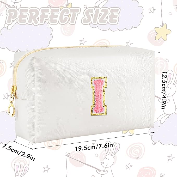 Initial Makeup Bag Personalized Preppy Travel Small Cosmetic Bag Cute PU White Chenille Letter Makeup Pouch for Purse Waterproof Zippered Toiletry Organizer for Women Girls Kids Friends (I)