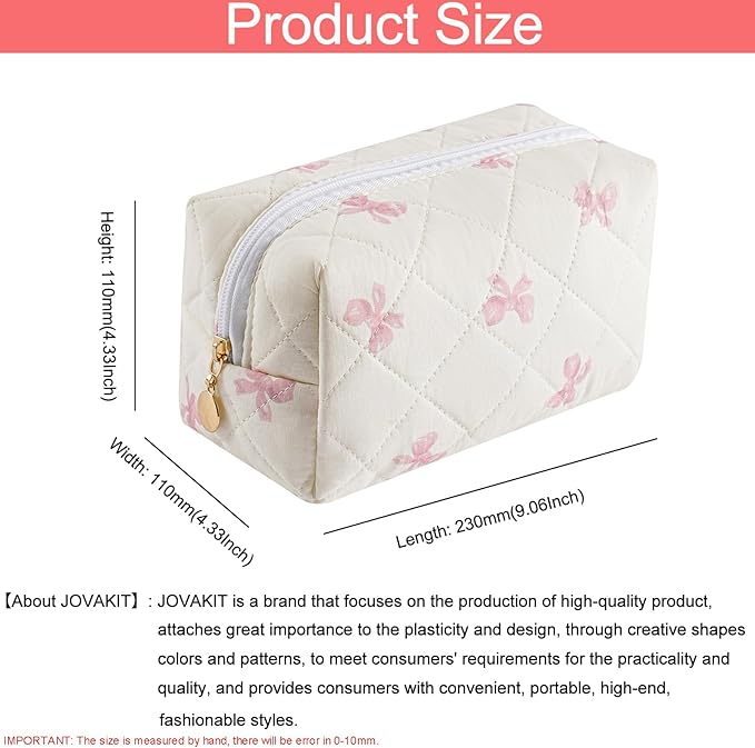 JOVAKIT Square Makeup Bag Cute Cosmetic Bag for Women, Floral Coquette Aesthetic Toiletry Bag, Zipper Make Up Pouch, Travel Make Up Organizer Bag (Pink Floral+Pink Bow Tie)