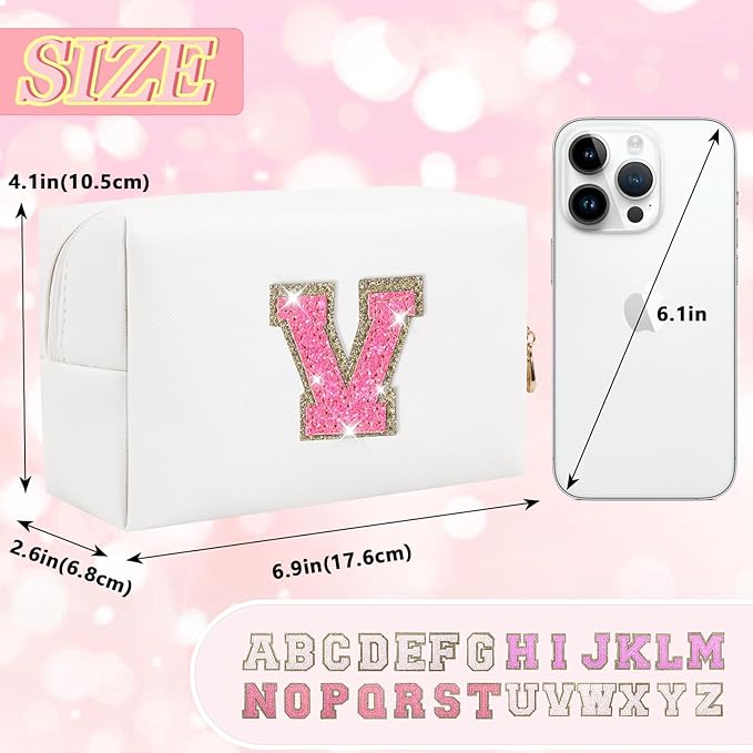 Personalized Initial Letter Patch Makeup Bag, Preppy Glitter Letter Makeup Organizer, Cute Monogrammed Pouch Cosmetic Bag PU Leather Waterproof Travel Toiletry Bag, Gift for Women Teen Girls