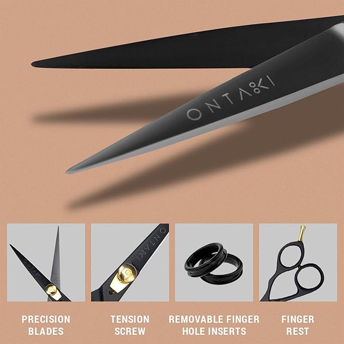 Ontaki Japanese Steel Beard Scissors for Men - 5.5" Ergonomic Black, Right-Handed - Scissors & Comb Travel Set, Beard Grooming Kit with Mustache Comb & Carry Pouch, Blunt-Tip Facial Hair Shears