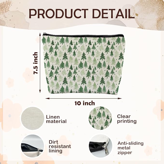 Forest Green Christmas Tree Makeup Bag, Rustic Pine Tree Cosmetic Bags Gifts for Women, Winter Christmas Portable Travel Toiletry Bag Zipper Makeup Pouch