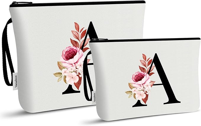 Vavabox A-Z Personalized Makeup Bag, Birthday Gifts for Women Mom, Gifts for Best Friend, Bride Bridesmaid Cosmetic bag (A, 03-White Set)