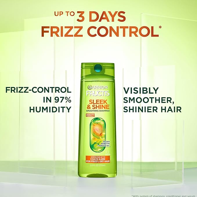Garnier Fructis Sleek & Shine Shampoo (22 Fl Oz) + Conditioner (21 Fl Oz) Set for Frizzy, Dry Hair, Plant Keratin + Argan Oil (2 Items), 1 Kit (Packaging May Vary)