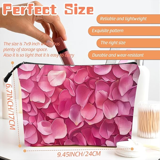 Cosmetic Bags Travel Makeup Toilet Case Waterproof Pouch for Women Girls 6.7X9.45inches - Pink Petals in A Layered Composition