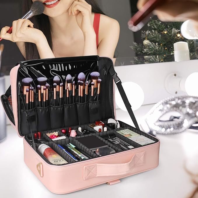 Relavel Makeup Case Large Makeup Bag Professional Train Case 16.5 inches Travel Cosmetic Organizer Brush Holder Waterproof Makeup Artist Storage Box, 3 Layer Large with Adjustable Strap (Pink)