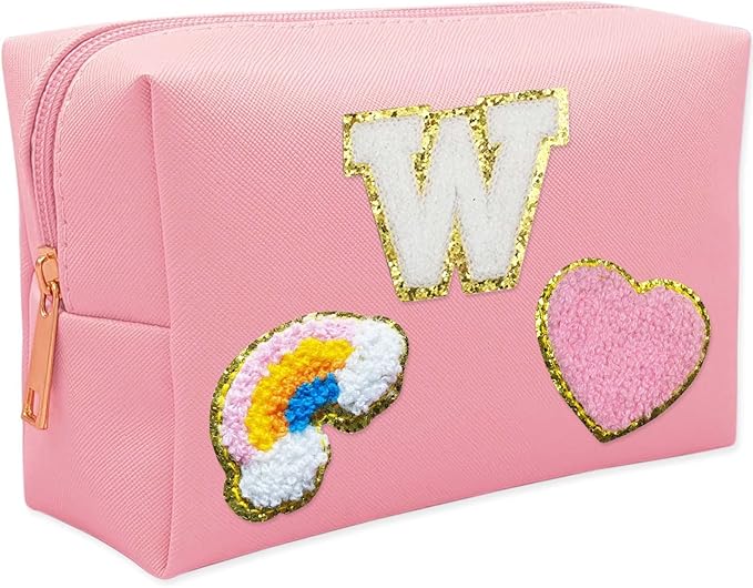 Personalized Inital Preppy Makeup Bag Set with Zipper, Monogram Waterproof Travel Cosmetic Bag for Women, Cute Preppy Patch Toiletry Bag for Traveling Outdoors, Gift Ideal for Christmas Thanksgiving