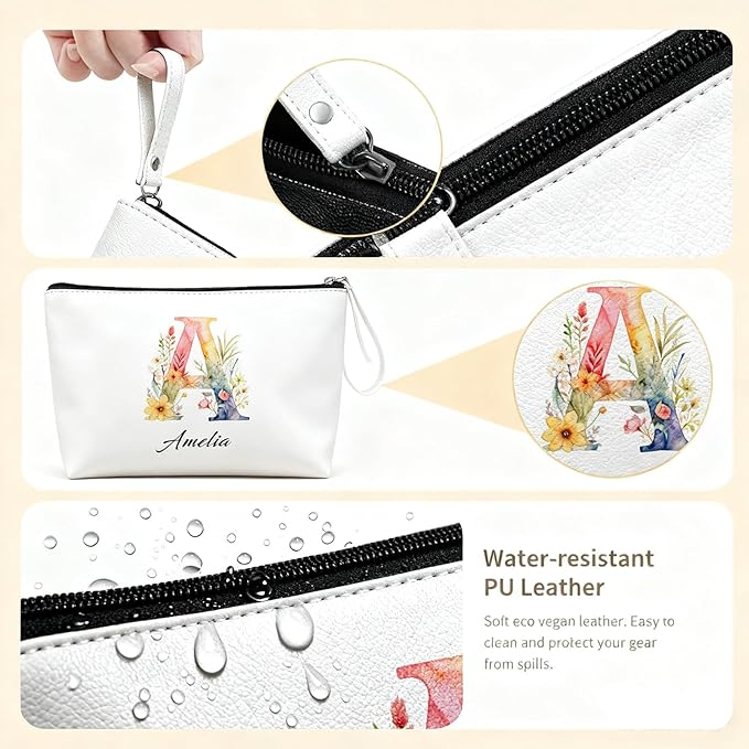 Personalized Makeup Bag Initial&Birth Flower Custom Small Travel Cosmetic Bag with Name Cute Makeup Bag for Women Girls