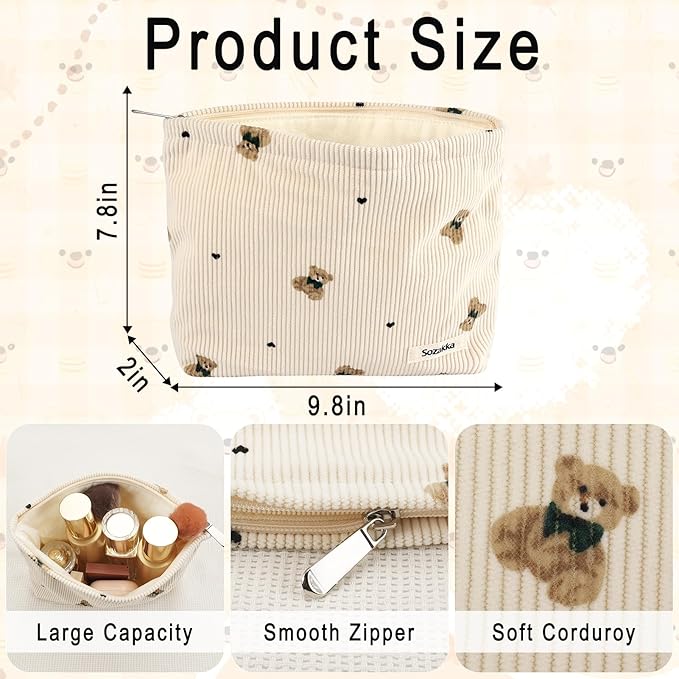 Corduroy Makeup Bag Cute Small Soft Zipper Cosmetic Bag for Purse Coquette Aesthetic Cosmetic Pouch with Bear Toiletry Storage Pouches Travel Makeup Bags Organizer Gifts for Women (Beige)