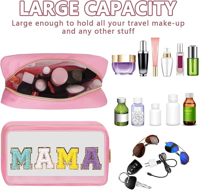 Iqimott Clear Patch Makeup Bag Mama Pouch, Preppy Personalized Chenille Letter Cosmetic Pouch for Travel, Nylon Waterproof Travel Essentials Zipper Toiletry Bags for Women Girls(MAMA, Pink)