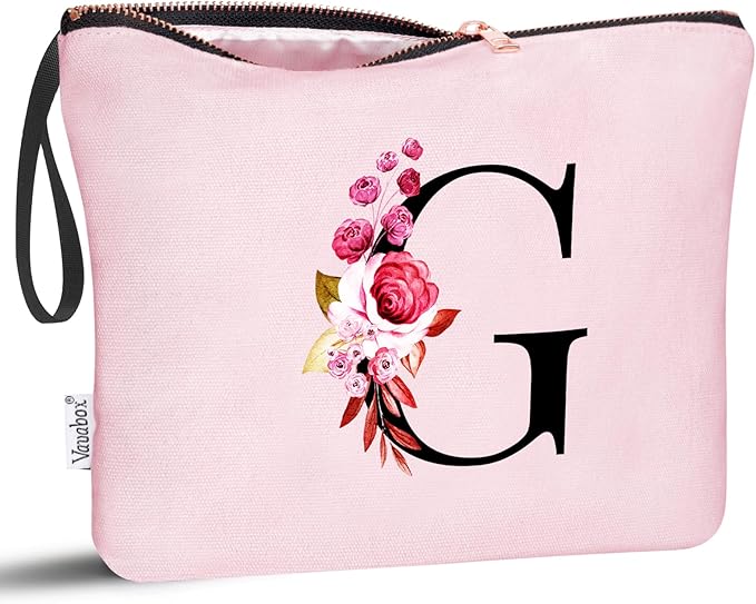Vavabox A-Z Personalized Makeup Bag, Birthday Gifts for Women Mom, Gifts for Best Friend, Bride Bridesmaid Cosmetic bag (G, Pink)