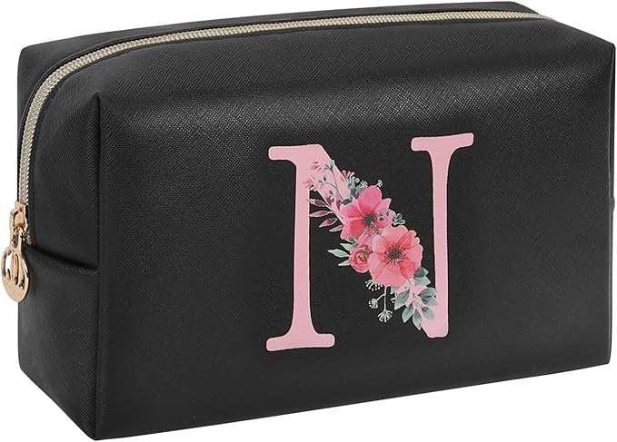 Personalized Initial Makeup Bag, Birthday Gifts for Women and Girls, Small Makeup Pouch Travel Toiletry Bag, Make Up Organizer Bag Gift Trendy Stuff for Friend Mom Teacher, Black