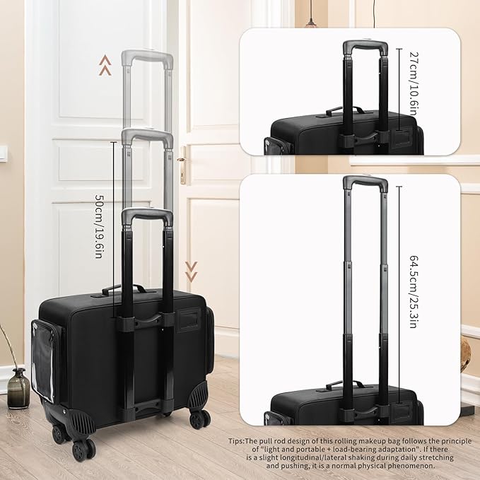 Rolling Makeup Train Case with Large Makeup Case，Professional Makeup Artist Traveling Bag with 7 Small Clear Bags, Cosmetology Case on Wheels, Adjustable Dividers for Cosmetics Makeup Brushes Toiletry
