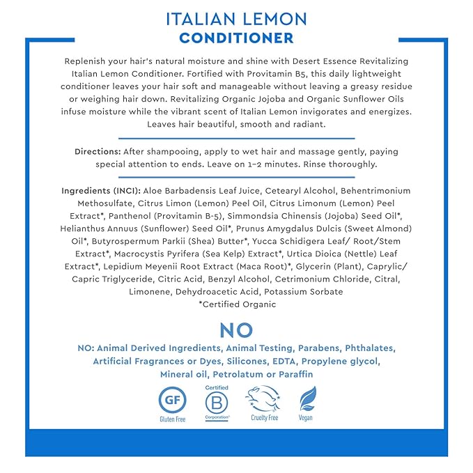 Desert Essence Italian Lemon Conditioner - 8 Fl Ounce - Revitalizing Hair Detangler - Adds Volume - Shine & Strength - Scented - Aloe Vera - Vitamin B5 - Cruelty Free - No Parabens