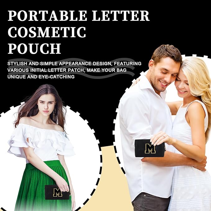 Personalized Initial Letter Patch Makeup Bag, Preppy Portable Chenille Cosmetic Bag with Zipper, PU Leather Waterproof Travel Toiletry Bag Monogram Make Up Pouch for Women Girls