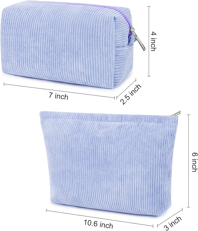 SOIDRAM 2 Pcs Corduroy Makeup Bag Large Cosmetic Bag Toiletry Bag Makeup Pouch Travel Bag Organizer Cute Makeup Brushes Aesthetic Accessories Storage Bag for Women Blue