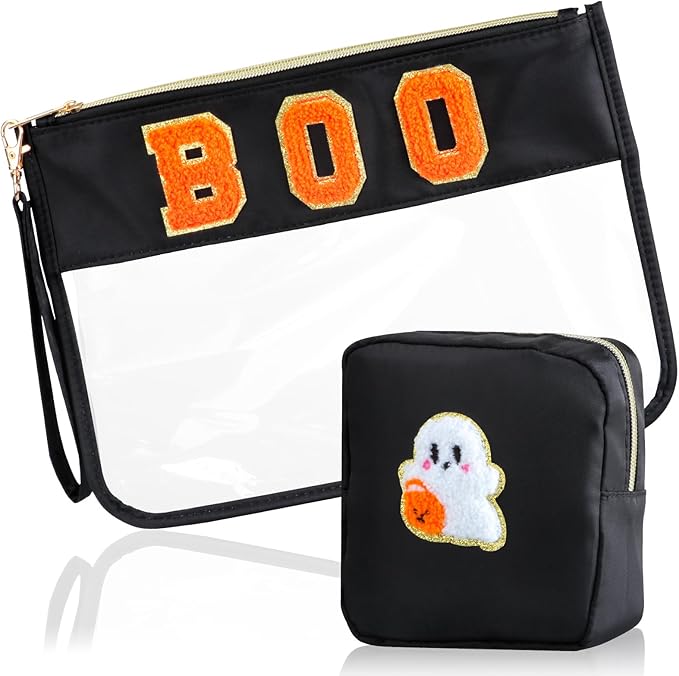2 Pcs Halloween Gifts Cosmetic Makeup Bag with Boo Chenille Letter Patch, Clear Pouch PVC Organizer Purse, Waterproof Travel Bag, Portable Toiletry Storage Bag for Her Girls Friends Women