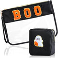 2 Pcs Halloween Gifts Cosmetic Makeup Bag with Boo Chenille Letter Patch, Clear Pouch PVC Organizer Purse, Waterproof Travel Bag, Portable Toiletry Storage Bag for Her Girls Friends Women