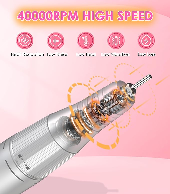 Portable Nail Drill Electric File: 40000RPM Professional Rechargeable Nail E-File Machine, Cordless Nail Drill with Bits & Base for Acrylic Nails Remove Nail Gel Polish Manicure for Salon Home, White