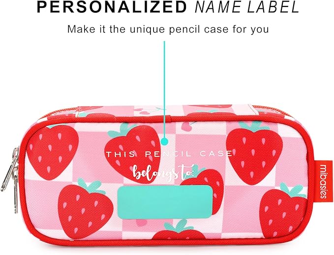 mibasies Girls Pencil Case for Kids, Multi-Slot Pencil Pouch, Strawberry Checkerboard Red