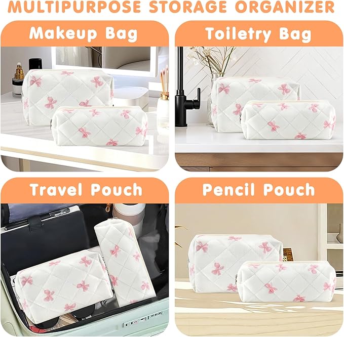 2Pcs Cotton Quilted Makeup Bag for Women Small Coquette Cosmetic Bags Cute Zipper Pink Bow Makeup Pouch Aesthetic Portable Pencil Case Travel Toiletry Bag Trendy Cloth Skincare Bags