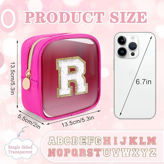 Mini Clear Personalized Initial Makeup Bag,Nylon Preppy A-Z Chenille Letter Patch Zipper Cosmetic Bag, Small Cute Beach Pouch Travel Purse Sanitary Napkin Storage Bag for Women Girls(Hot Pink-White R)