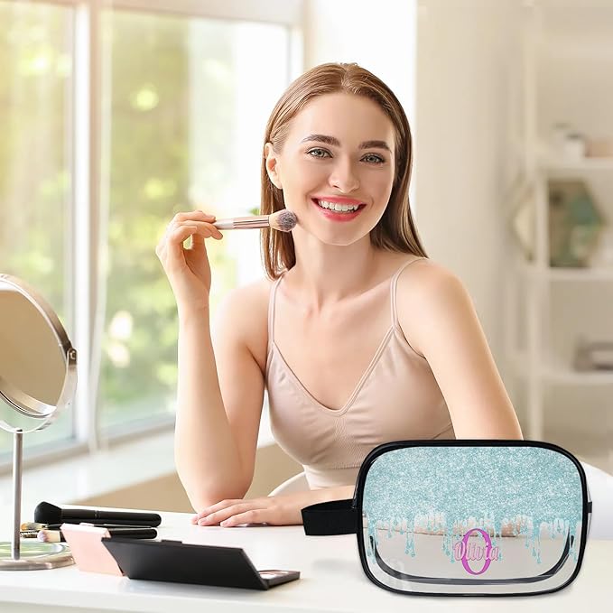 Custom Clear Makeup Toiletry Bag, Personalized Travel Cosmetic Organizer Case Portable Bag with Zipper, Lavender Purple, Light Blue Curtain Glittering