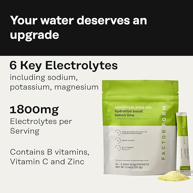 FACTOR FORM Hydration Boost Electrolyte Powder | 1800mg Electrolytes | Vitamin C, D, B6 & B12 for Energy & Immunity | No Added Sugar | 5 Calories | 15 Packets (15 Packets, Lemon Lime)