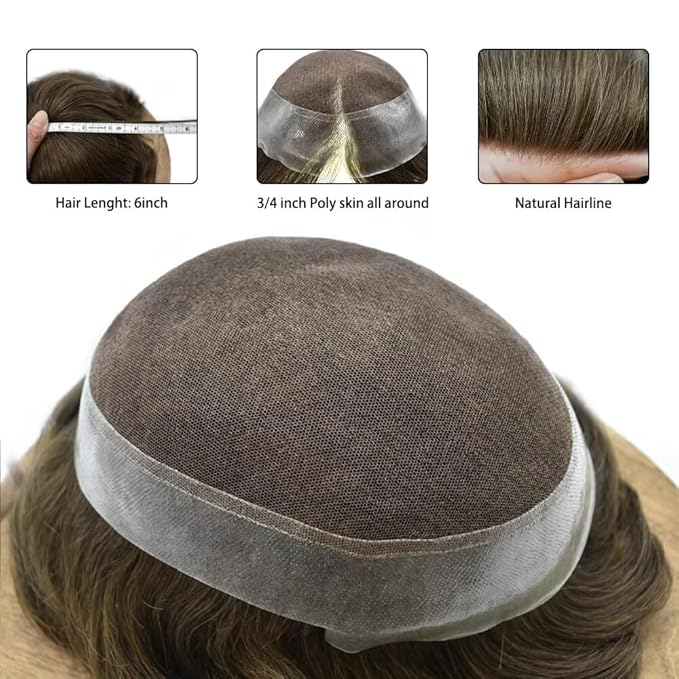 FACE MIRACLE Hair System for Men French Lace Mens Toupee Human Hair Replacement System Lace with PU Toupee for Men Male Hair Piece Wigs 7"X9" #4ASH