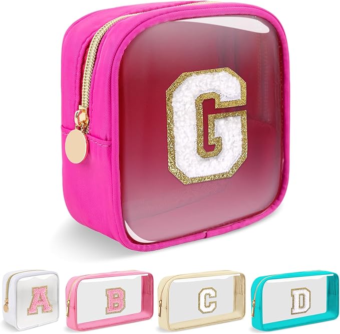 Mini Clear Personalized Initial Makeup Bag,Nylon Preppy A-Z Chenille Letter Patch Zipper Cosmetic Bag, Small Cute Beach Pouch Travel Purse Sanitary Napkin Storage Bag for Women Girls(Hot Pink-White G)