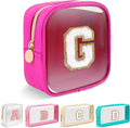 Mini Clear Personalized Initial Makeup Bag,Nylon Preppy A-Z Chenille Letter Patch Zipper Cosmetic Bag, Small Cute Beach Pouch Travel Purse Sanitary Napkin Storage Bag for Women Girls(Hot Pink-White G)