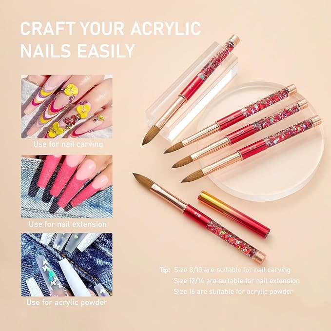 Acrylic Nail Brush Size 12, 100% Real Kolinsky Nail Brush for Acrylic Powder Application, Handmade Women Manicure Nail Extension Tool for Professional DIY Home Salon and Beginner