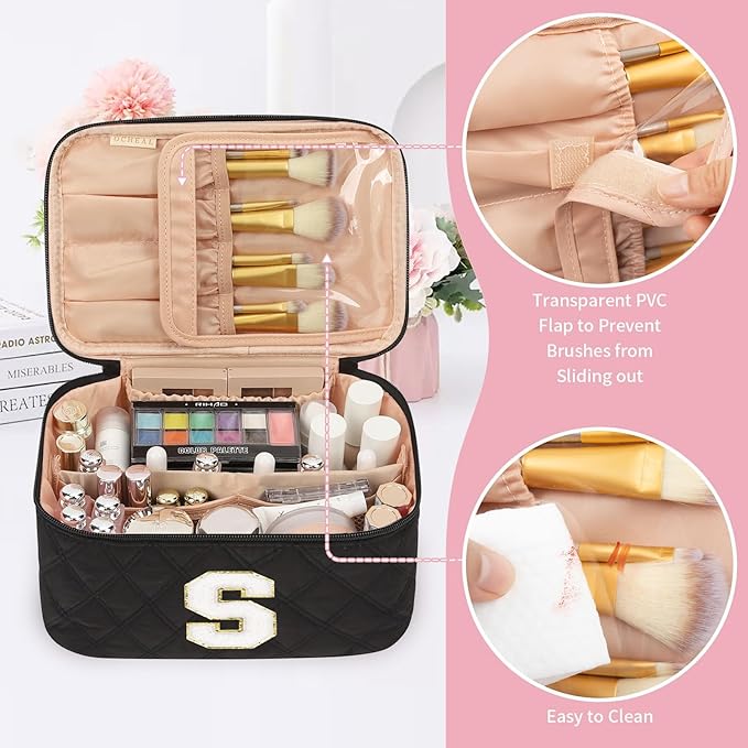 OCHEAL Makeup Bag for Women, Monogram Cosmetic Bag with Brush Holder,Black Travel Makeup Case Beauty Toiletry Bag Organizer Personalized Gifts for Girls Bridesmaid, Sister, Wife, Friends Initial S