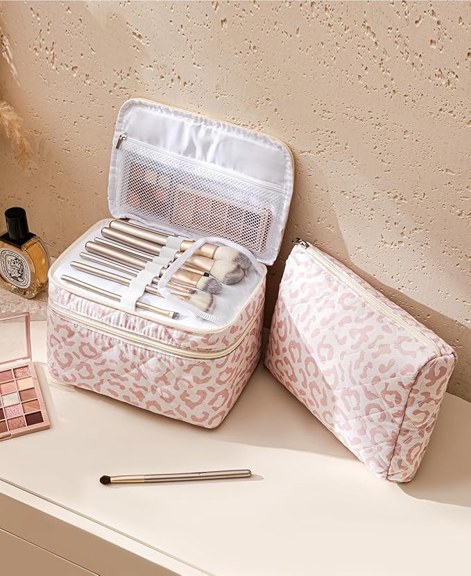 HBselect 2Pcs Travel Makeup Bag, Large Cotton Quilted Makeup Bag Cosmetic Bag Cute Make up Bag Toiletry Bags for Women Girls