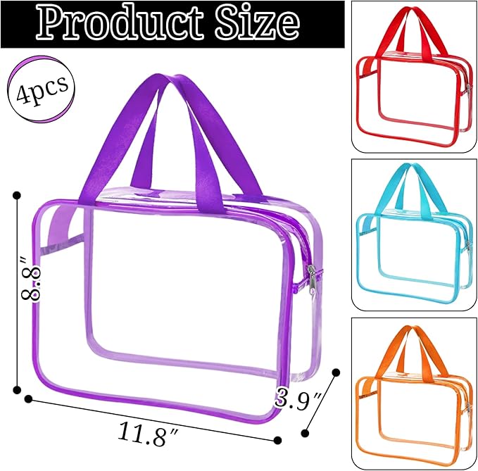 4 Packs Large Clear Makeup Bag, Waterproof Clear Comestic Toiletry Organizer Bags with Handle, Reusable PVC Storage Bags with Zipper for Travel