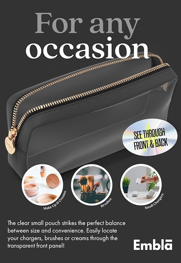 Clear Makeup Bag Zipper Pouch, Transparent Cosmetic Case Organizer, TSA Approved Travel Toiletry Case, Travel Accessories Essentials Makeup Tote for Women, Small Cute Make up Bag for Purse - Black