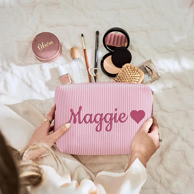 Personalized Seersucker Makeup Bag with Embroidered Name&Birth Flower,Custom Small Travel Cosmetic Bag Toiletry Bag Wedding Gifts for Bridesmaid Bride (3-Makeup Bag with Heart)