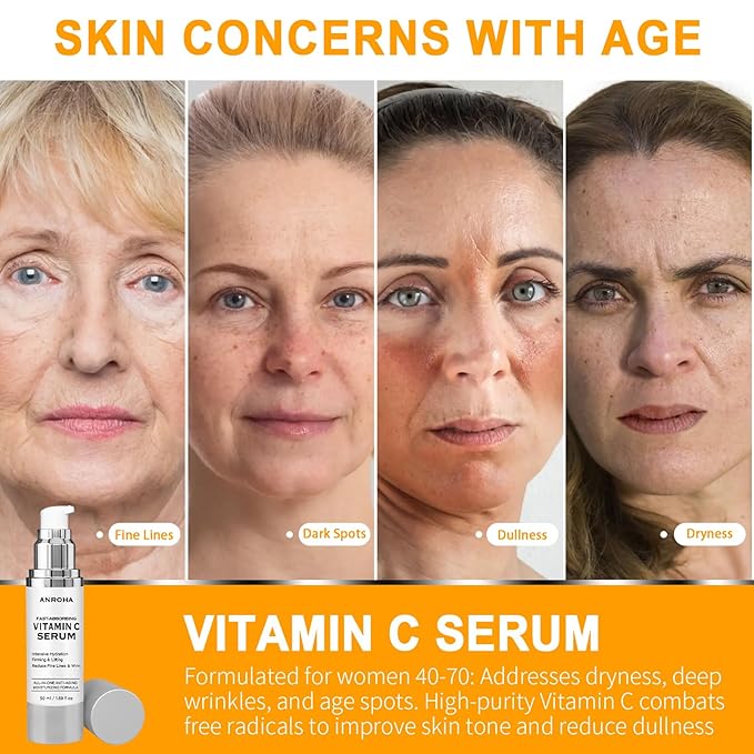 Vitamin C Serum for Women over 70, Vitamin C Serum for Mature Skin Face Hydrates, Firms, Lifts, Targets Age Marks, Wrinkles and Smoothes Skin Texture 1.69 fl oz Pack of 2