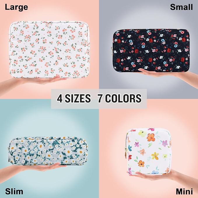 Nylon Large Floral Makeup Organizer Bag, Preppy Big Cute Flower Cosmetic Zipper Pouch Multi-compartment with Dividers, Waterproof Toiletry Makeup Brushes Bag Travel Essentials for Women(White-Floral)