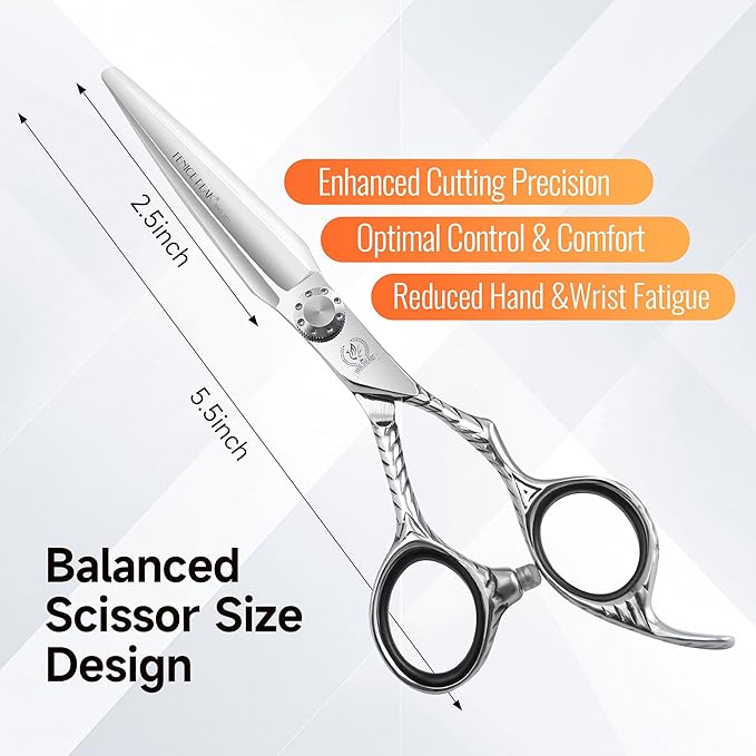 Fenice Peak Straight Hair Cutting Scissors 5.5'' Barber Haircut Shears with Sharp Razor Edge 440C Hair Scissors with Engraving Handle for Salon and Home User