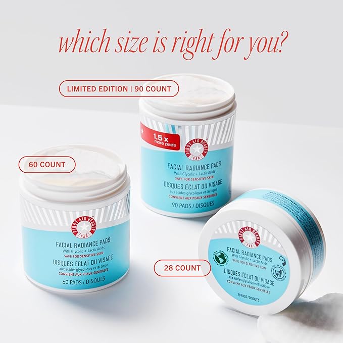 First Aid Beauty - Facial Radiance Pads with Glycolic & Lactic Acids, Daily Exfoliating Pads with AHA, Visibly Smaller Pores, Help Tone & Brighten Skin, One-Step Makeup Prep, Compostable, 28