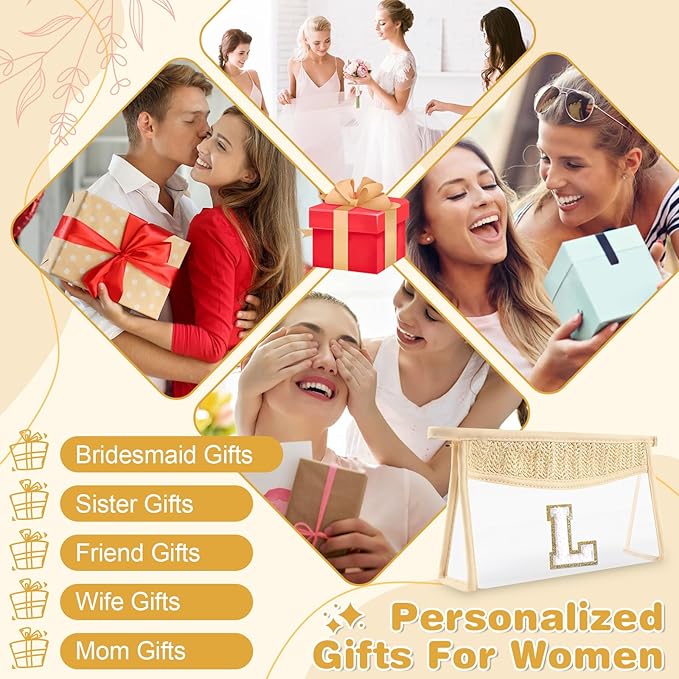 Personalized Initial Letter Bag Boho Straw Clear Makeup Bag,Small Cute Chenille Varsity Letter Bag With Zipper,Beach Travel Toiletry Bag,Portable Monogrammed Cosmetic Bag for Women Girls,L
