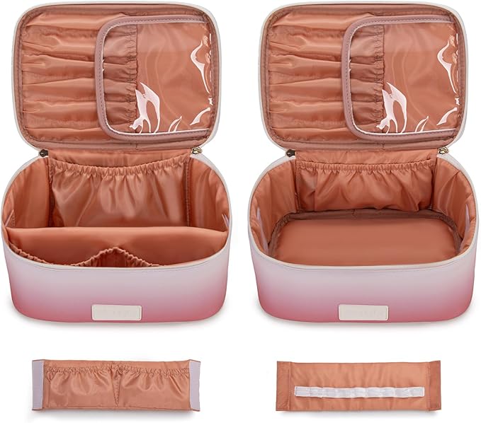 Montana West X Wrangler Travel Makeup Bag 2pcs Set Large Cosmetic Bag with Makeup Brush Holder Portable Make Up Organizer Cute Toiletry Bag with Divider and Handle for Women Gradient