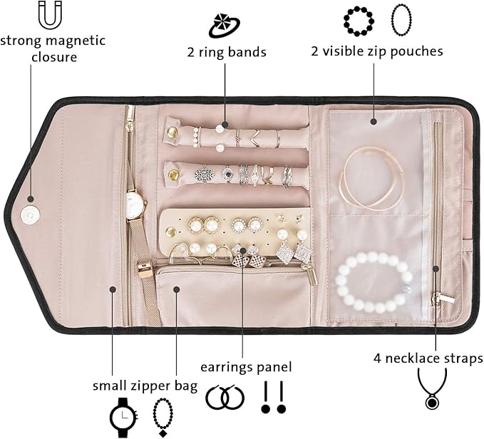 BAGSMART Travel Jewelry Organizer Roll Foldable Jewelry Case for Journey-Rings, Necklaces, Bracelets, Earrings, Black