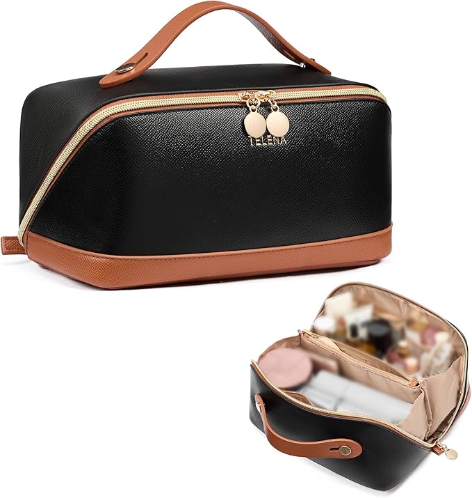 Telena Leather Make Up Bag Portable Travel Makeup Bag Waterproof Cosmetic Bags for Women Large Capacity With Handle and Divider Open Flat