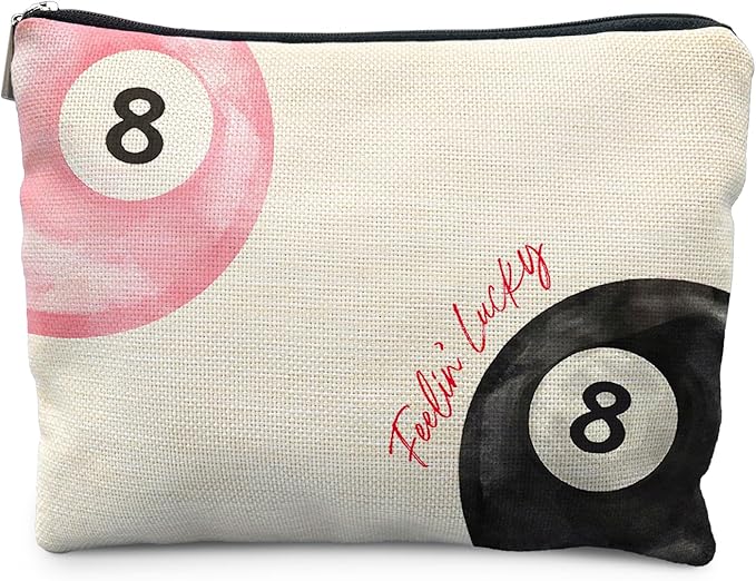 Retro Pink and Black Lucky 8 Ball Makeup Bag, Funky Preppy Cosmetic Bags for Women, Preppy Stuff Makeup Pouch, Feeling Lucky Zipper Pouch