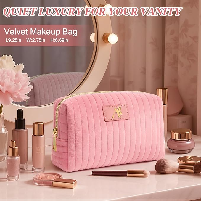 Monogrammed Make Up Bags for Women,Personalized Cosmetic Bags Women,Small Quilted Makeup Pouch,Cute Makeup Bag Travel,Birthday Gifts for Teen Girl (Pink A)