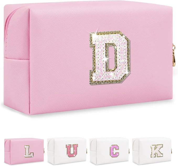Personalized Initial Letter Makeup Bag, Preppy Glitter Letter Patch Cosmetic Pouch Zipper,PU Waterproof Travel Toiletry Bag Cute Makeup Organizer Monogrammed Make Up Bag,Gift for Women Girls