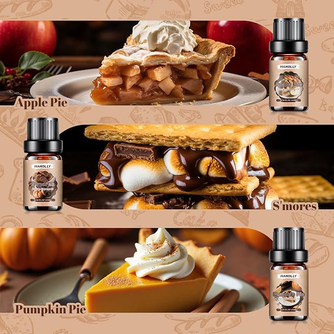 Bakery Essential Oils Set，Premium Fragrance Oil for Diffusers, Scented Oils for Soap & Candle Making, Pumpkin Pie, Apple Pie, S'Mores, Red Velvet Cake, Strawberry Shortcake,Glazed Donut