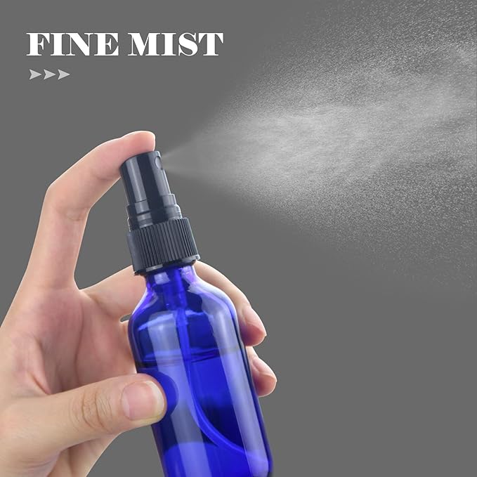 Wedama 4 oz Mini Glass Spray Bottles, Empty Small Spray Bottles with Funnel Dropper, Fine Mist for Hair, Travel, Plants, Cleaning Solutions and Skin Care (4 Pack Blue)
